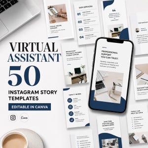 May include: A collection of 50 virtual assistant Instagram story templates featuring dark blue text and navy accents on white backgrounds. The templates include service lists, testimonials, and process steps, with a smartphone displaying a design.