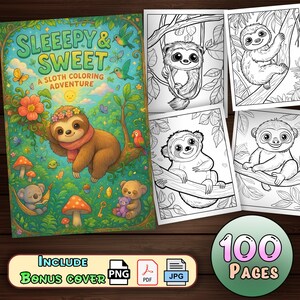 Bradipo carino - (100 pagine) con copertina / Download digitale Libro da colorare 2D con bradipo adorabile della foresta / PDF stampabile per bambini