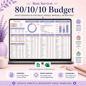 Puede incluir: Una plantilla de presupuesto digital mostrada en una pantalla de portátil titulada Basic Survival 80/10/10 Budget. La interfaz presenta tablas para ingresos, necesidades, deseos y ahorros, junto con gráficos de flujo de caja en tonos morados y rosas.