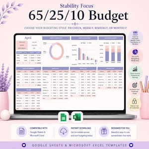 Puede incluir: Una plantilla digital de hoja de cálculo de presupuesto 65/25/10 en una pantalla de portátil, con tablas para ingresos, necesidades, deseos y ahorros, junto con gráficos de flujo de caja y asignación. Incluye iconos de Google Sheets y Excel.