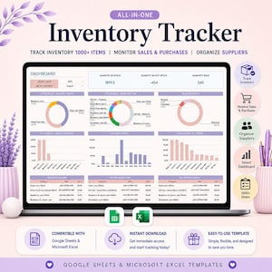 Inventory Tracker Spreadsheet Template for Google Sheets & Excel -Fully Automated Stock Sales Purchase and Reorder Log, Small Business