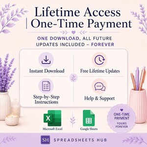 May include: A digital product advertisement featuring the text Lifetime Access One-Time Payment. It highlights features like Instant Download, Free Lifetime Updates, Step-by-Step Instructions, and Help & Support for Microsoft Excel and Google Sheets.