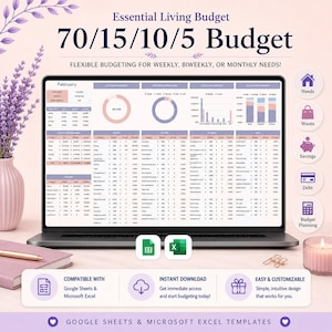 Puede incluir: Una pantalla de portátil que muestra una plantilla de hoja de cálculo Essential Living Budget 70/15/10/5 con tablas, gráficos circulares y de barras. La interfaz incluye categorías para necesidades, deseos, ahorros y deudas, compatible con Google Sheets y Microsoft Excel.