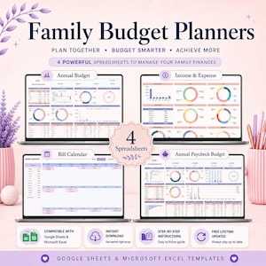May include: A digital family budget planner set featuring four spreadsheets for managing finances. The display shows an annual budget, income and expense tracker, bill calendar, and annual paycheck budget. Compatible with Google Sheets and Excel.