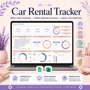 Pode incluir: Um modelo de planilha digital Car Rental Tracker exibido na tela de um laptop, apresentando um painel anual com gráficos financeiros, margens de lucro e rastreamento de despesas. Inclui ícones para rastreamento de frota, calendários e impostos.
