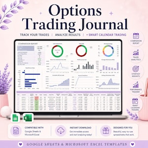 May include: An Options Trading Journal digital template displayed on a laptop screen, featuring a comparison report with various charts, graphs, and a detailed trade log table. The interface includes data for tracking trades, analyzing results, and smart calendar trading.