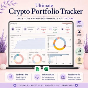May include: A digital crypto portfolio tracker template for Google Sheets and Microsoft Excel displayed on a laptop screen. The dashboard features financial data, including portfolio value, investment charts, pie graphs, and performance metrics.