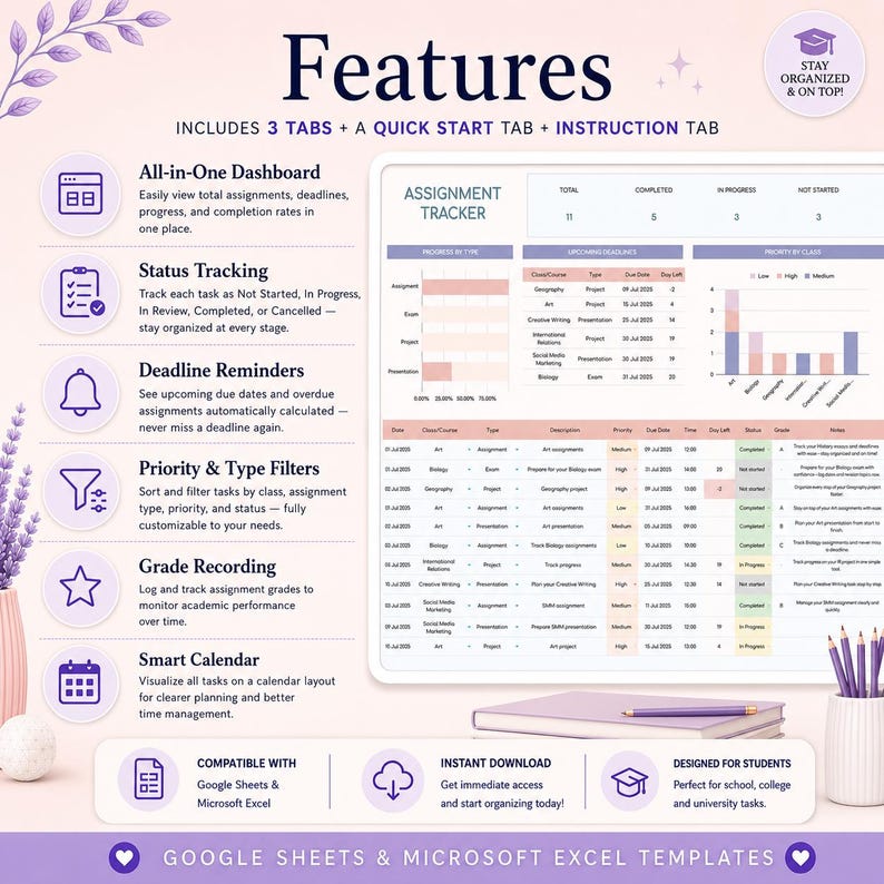 Assignment Tracker Spreadsheet - Google Sheets Excel Student Planner | Homework Exam Project Deadline Calendar Fully Automated image 6