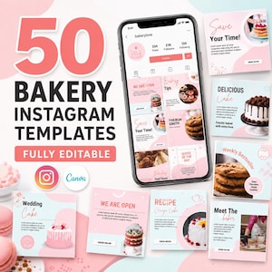 Könnte beinhalten: Eine digitale Sammlung von 50 Instagram-Vorlagen für Bäckereien mit einem Smartphone, das ein Social-Media-Profil mit rosa und hellblauen Grafiken anzeigt. Die Vorlagen enthalten Bilder von Kuchen, Keksen und Texten wie Save Your Time und Delicious Cake.