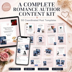 May include: A digital content kit for romance authors featuring 50 coordinated social media post templates. The display shows a tablet and smartphone screen with various layouts, text, and book cover graphics in a soft pink and white color palette.