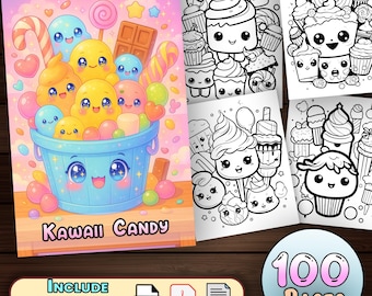 Cute Kawaii Candy - (100 Pages) With Book Cover | Digital Download Candy and Kawaii Lolipop Candies  Coloring Book | Printable PDF for Kids