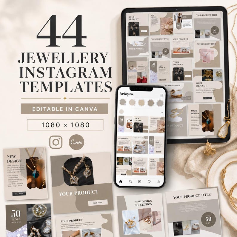 44 Jewellery Instagram Canva Templates - Editable Jewelry Social Media ...