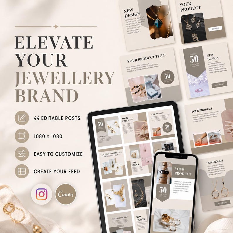 44 Jewellery Instagram Canva Templates - Editable Jewelry Social Media ...
