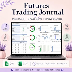 May include: A laptop screen displaying a Futures Trading Journal with an annual report, trade performance charts, and profit goal targets. The interface includes data tables, bar graphs, and pie charts for tracking trades, analyzing profits, and improving strategies.