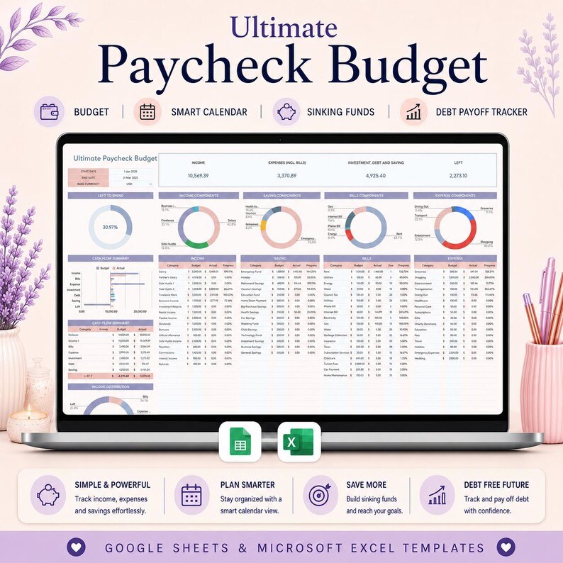 May include: A laptop screen displaying the Ultimate Paycheck Budget spreadsheet template with income, expense, and savings charts. The interface includes sections for budget, smart calendar, sinking funds, and debt payoff tracker in Google Sheets and Excel.