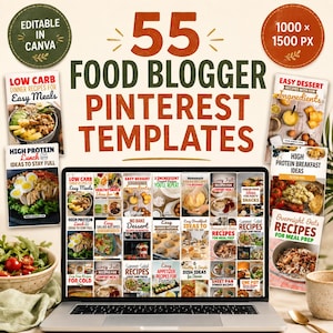 May include: A digital display on a laptop screen showcasing 55 food blogger Pinterest templates with various recipe titles like Low Carb Dinner, High Protein Lunch, and Easy Dessert. The screen features a grid of graphic designs for social media.