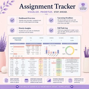 May include: An assignment tracker template for Google Sheets and Microsoft Excel featuring a dashboard with task progress, upcoming deadlines, priority insights, and a full task log. The layout includes purple text, charts, and tables on a light background.