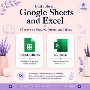 May include: A digital template graphic with the text Editable in Google Sheets and Excel. It features icons for Google Sheets and MS Excel, with notes on compatibility with Mac, PC, phones, and tablets, plus customisation options for tabs and charts.