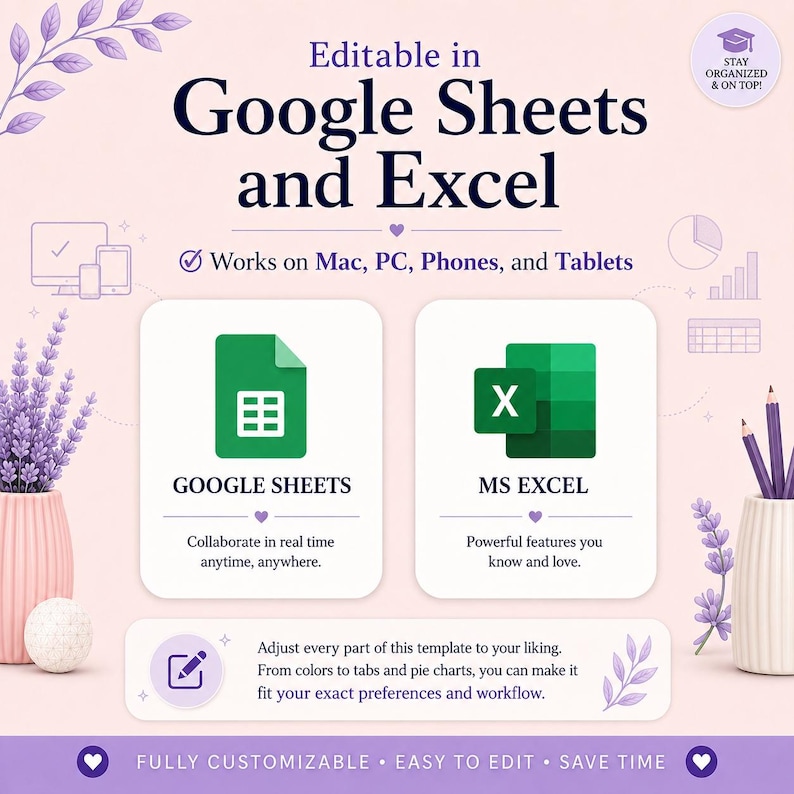 May include: A digital template graphic with the text Editable in Google Sheets and Excel. It features icons for Google Sheets and MS Excel, with notes on compatibility with Mac, PC, phones, and tablets, plus customisation options for tabs and charts.