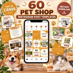 Pode incluir: Uma exibição digital de 60 modelos de postagens para Instagram de pet shop com uma tela de smartphone mostrando uma grade de gráficos. O design inclui esquemas de cores marrom e branco, ícones de pegadas e texto como 60 PET SHOP INSTAGRAM POST TEMPLATES, EDIT IN CANVA e INSTANT DOWNLOAD.