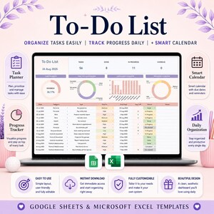 To-Do List Tracker Template for Google Sheets & Excel - Daily Weekly Monthly Checklist, Productivity Calendar Template, Digital Download
