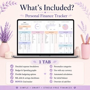 May include: A laptop screen displaying a personal finance tracker spreadsheet with budget, bill, expense, and savings tables, plus charts. Text includes What's Included?, Personal Finance Tracker, 1 TAB, and a list of features like Detailed expense breakdown.