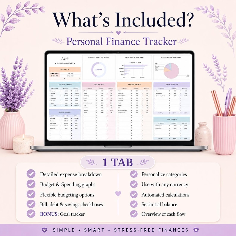 May include: A laptop screen displaying a personal finance tracker spreadsheet with budget, bill, expense, and savings tables, plus charts. Text includes What's Included?, Personal Finance Tracker, 1 TAB, and a list of features like Detailed expense breakdown.