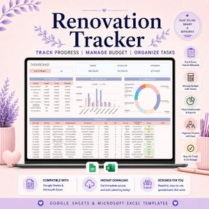 Può includere: Un modello digitale di tracciamento delle ristrutturazioni visualizzato su uno schermo di un portatile, con una dashboard che include colonne per budget, costi effettivi e differenze, un grafico a barre, un grafico ad anello e una tabella.