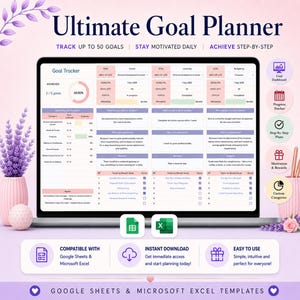 May include: A digital goal planner template displayed on a laptop screen, featuring a goal tracker dashboard with progress charts, task lists, and status updates. The interface includes sections for career, learning, and budgeting goals.