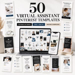 Pode incluir: Uma coleção de 50 modelos do Pinterest para assistentes virtuais exibidos em uma tela de laptop e smartphone, com designs editáveis do Canva, dimensões de 1000 x 1500 px e vários layouts para conteúdo de redes sociais e serviços.
