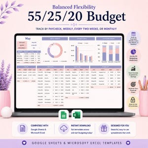 May include: A digital budget spreadsheet template displayed on a laptop screen, featuring a 55/25/20 budget plan with charts, tables, and financial data for May 2025. The interface includes income, needs, wants, and savings categories with text labels.