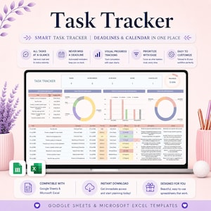 Task Tracker Template Spreadsheet for Google Sheets & Excel | Team Task Dashboard, Deadline Calendar, Productivity Digital Download