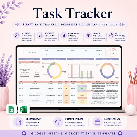 Task Tracker Template Spreadsheet for Google Sheets & Excel | Team Task Dashboard, Deadline Calendar, Productivity Digital Download