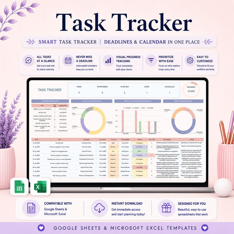 May include: A digital task tracker template displayed on a laptop screen, featuring a dashboard with progress charts, task lists, and status columns. The interface includes sections for upcoming deadlines, task status overviews, and responsible team members.