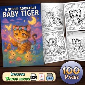 Cute Baby Tiger   - (100 Pages) With Book Cover | Digital Download With Fantasy Theme Baby Tiger Coloring Book |Printable PDF for Kids