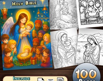 Bibelmålarbok för barn: 100 sidor, Jesus-tema (utskrivbar PDF digital nedladdning)