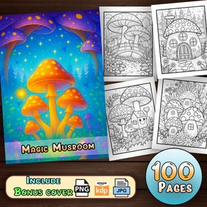 Może przedstawiać: Zestaw kolorowanek z ilustracjami grzybów. Okładka przedstawia żywe pomarańczowe i żółte grzyby na niebieskim tle, z napisem "Magic Mushroom". Dodatkowe strony zawierają szczegółowe rysunki domów i krajobrazów z grzybami. Obraz zawiera tekst "100 stron."