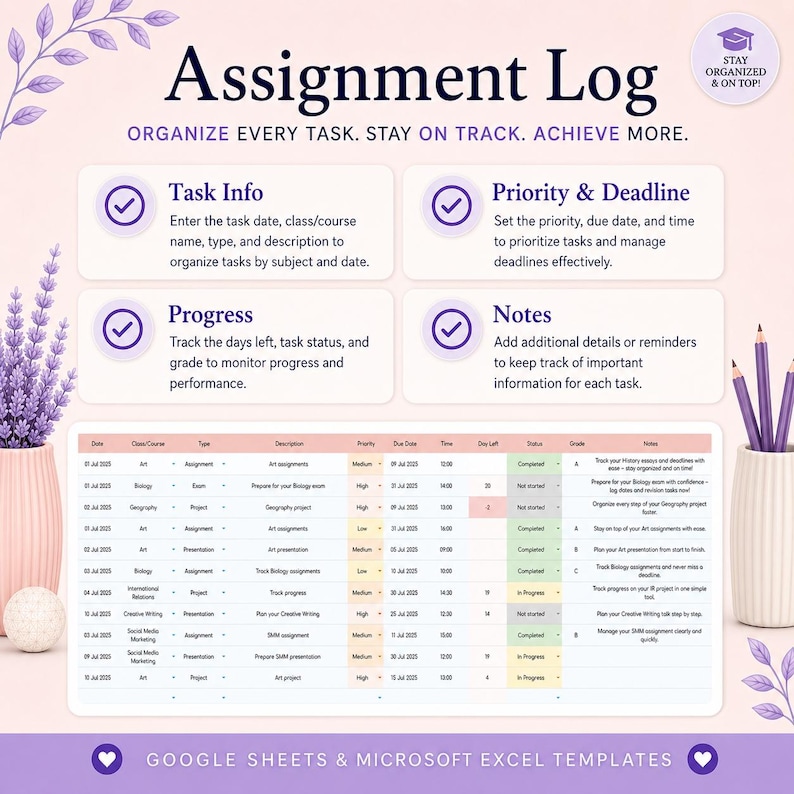 May include: An Assignment Log template for Google Sheets and Microsoft Excel featuring a light pink background with lavender floral accents. The layout includes sections for Task Info, Priority, Deadline, Progress, and Notes, with a table displaying sample academic tasks, dates, and status indicators.