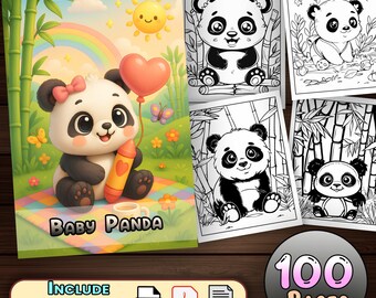 かわいい赤ちゃんパンダ - （100ページ）ブックカバー付き | デジタルダウンロード、自然の上で座る3D赤ちゃんパンダの塗り絵付き | 子供向け印刷可能PDF