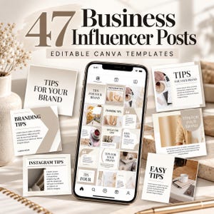 以下が含まれることがあります： 47 Business Influencer Posts Editable Canva Templatesのデジタル製品ディスプレイ。スマートフォンにはベージュと白のグラフィックを使用したソーシャルメディアのグリッドレイアウトが表示され、周囲の正方形のカードにはTips For Your Brand、Branding Tips、Easy Tipsなどのテキストが表示されています。
