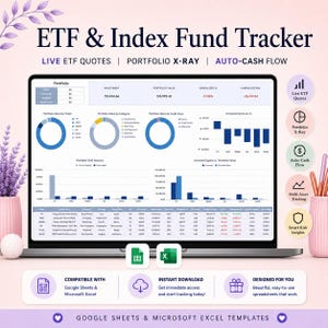 Könnte beinhalten: Eine digitale ETF- und Indexfonds-Tracker-Tabelle auf einem Laptop-Bildschirm mit Finanzdaten, Kreisdiagrammen, Balkendiagrammen und Portfolio-Analysetabellen. Die Benutzeroberfläche enthält Bereiche für Live-Kurse, Portfolio-X-Ray und Cashflow.