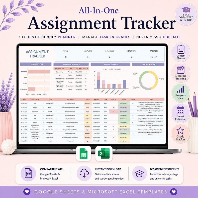 May include: An All-In-One Assignment Tracker digital template displayed on a laptop screen, featuring columns for class, due dates, status, and grades. The interface includes progress charts, task lists, and icons for Google Sheets and Microsoft Excel.