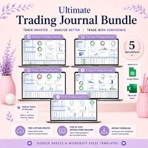 May include: Ultimate Trading Journal Bundle featuring five digital spreadsheets for futures, options, forex, crypto, and stock trading. The display shows laptop screens with data dashboards, compatible with Google Sheets and Microsoft Excel software.