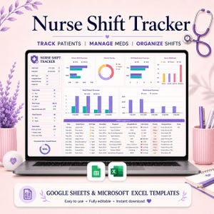 Könnte beinhalten: Ein Laptop-Bildschirm zeigt ein Nurse Shift Tracker-Dashboard mit Diagrammen, Patientenbelegungstabellen und Datenfeldern. Die Benutzeroberfläche enthält Google Sheets- und Microsoft Excel-Symbole, umgeben von einem Stethoskop.