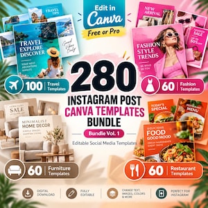 Op de afbeelding: Een digitaal pakket van 280 Instagram-post Canva-sjablonen met thema's zoals reizen, mode, meubels en restaurants. De afbeelding bevat tekst zoals 280 Instagram Post Canva Templates Bundle, Edit in Canva en diverse categorie-labels.