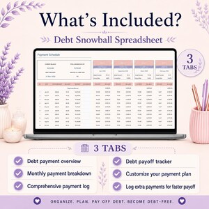 May include: A digital debt snowball spreadsheet displayed on a laptop screen. The interface includes a payment schedule, debt payoff tracker, and monthly payment breakdown. Text includes What's Included?, Debt Snowball Spreadsheet, 3 TABS, and ORGANIZE. PLAN. PAY OFF DEBT. BECOME DEBT-FREE.