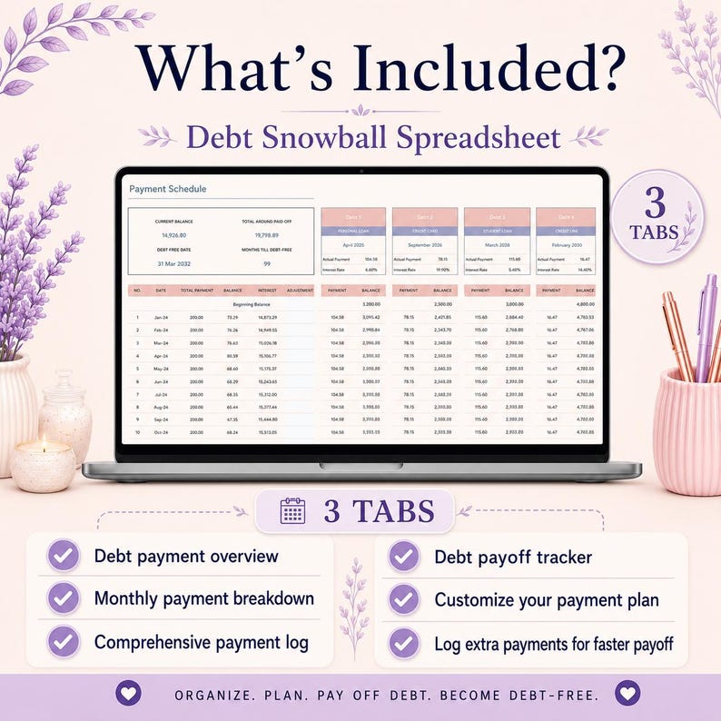 May include: A digital debt snowball spreadsheet displayed on a laptop screen. The interface includes a payment schedule, debt payoff tracker, and monthly payment breakdown. Text includes What's Included?, Debt Snowball Spreadsheet, 3 TABS, and ORGANIZE. PLAN. PAY OFF DEBT. BECOME DEBT-FREE.
