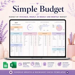 May include: A digital budget template displayed on a laptop screen titled Simple Budget. The dashboard includes sections for cash flow, bill tracking, expense tracking, savings, and debt. It features charts, tables, and text for financial planning.