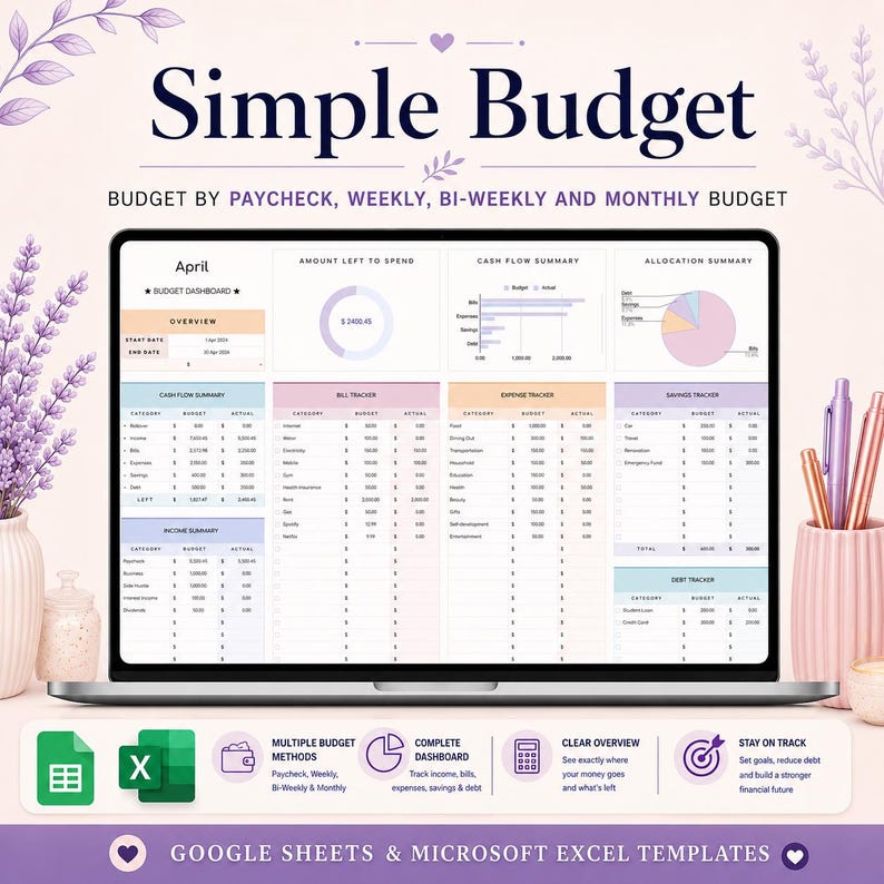 May include: A digital budget template displayed on a laptop screen titled Simple Budget. The dashboard includes sections for cash flow, bill tracking, expense tracking, savings, and debt. It features charts, tables, and text for financial planning.