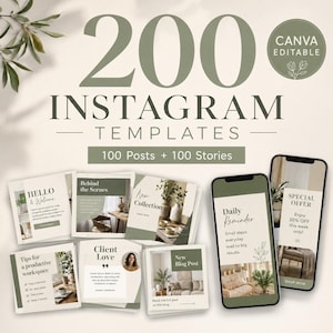 Könnte beinhalten: Ein digitales Produktset mit 200 Instagram-Vorlagen, darunter 100 Posts und 100 Stories, die in Canva bearbeitbar sind. Das Design verwendet Salbeigrün- und Cremetöne mit botanischen Linienzeichnungen auf Mobilbildschirmen und Karten.